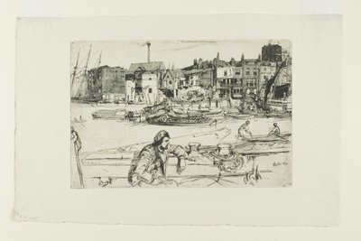 Black Lion Wharf, a Tizenhat rézkarcból álló jelenetek sorozatából a Temzén (a "Temze díszlet") alkotó: James Abbott McNeill Whistler