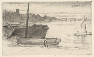 Chelsea híd és templom, a Temze díszletéből (Tizenhat rézkarc sorozat a Temzéről és más témákról) alkotó: James Abbott McNeill Whistler