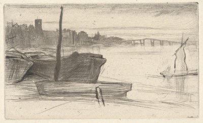 A Chelsea-híd és a templom, a „Thames Set” című sorozatból (Tizenhat rézkarc a Temze-parti tájakról és egyéb témákról) alkotó: James McNeill Whistler