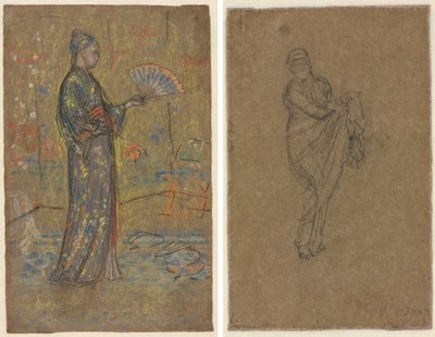 Legyezőt festő japán nő (recto); ruháját felemelő álló nő (verso) alkotó: James McNeill Whistler