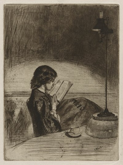 Olvasás lámpafénynél alkotó: James Abbott McNeill Whistler
