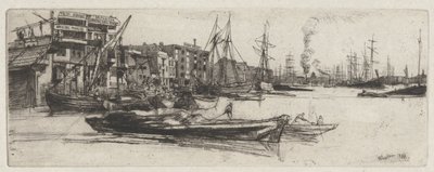Thames Warehouse, a Temze díszletből (Tizenhat rézkarc sorozat a Temzéről és más témákról) alkotó: James Abbott McNeill Whistler