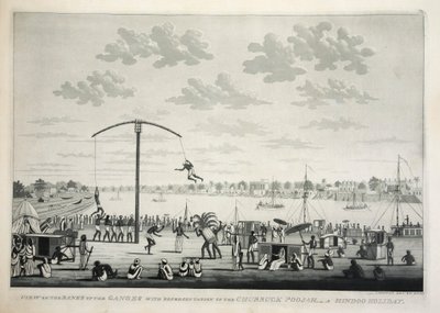 Kilátás a Gangesz partjára a Churruck Poojah ábrázolásával…, pub. 1810-es metszet. alkotó: James Moffat