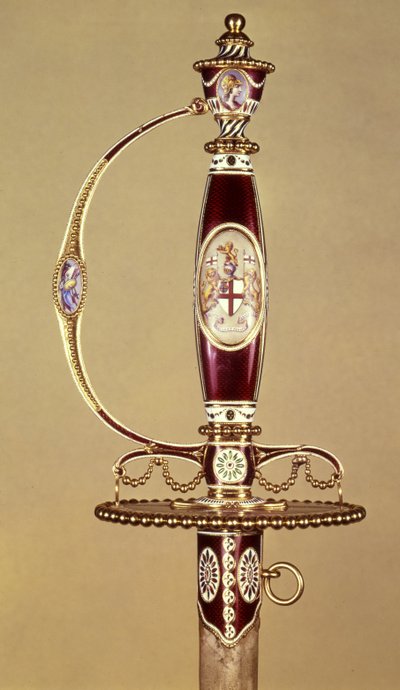 A Kelet-indiai Társaság által James Hartley ezredesnek (1745-99) ajándékozott kard markolata, James Morisset (1766 körül - 1800 körül) 1780 körül (arany és zománc) alkotó: James Morisset