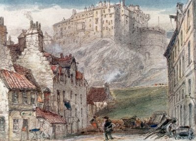 "Edinburgh Castle from the Grass Market" (színes litográfia) alkotó: James Orrock