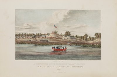 A Butte Des Morts szerződési területének látképe; Lewis Cass kormányzó és McKenny ezredes biztosok megérkezésével, az Aboriginal Portfólióból alkotó: James Otto Lewis