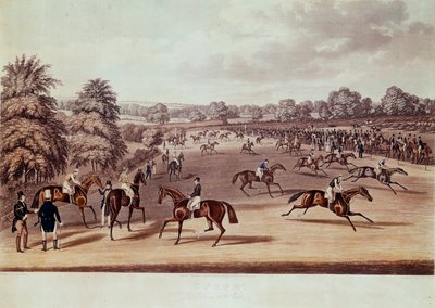 Lóverseny Epsomban indulás előtt Illusztráció: James Pollard (1792-1867) 19. századi magángyűjtemény alkotó: James Pollard