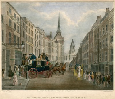 A Cambridge Coach elhagyja a londoni Ludgate Hill-i Belle Sauvage Yardot alkotó: James Pollard