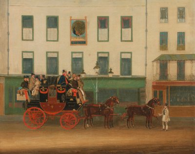A London-Manchester Stage Coach, „a csúcs gyöngyszeme”, a Peacock Inn mellett, Islington alkotó: James Pollard