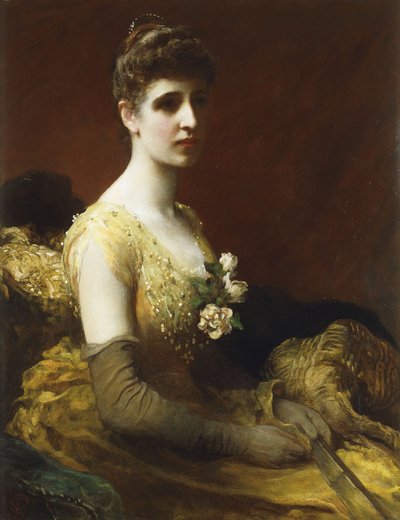 Lady Dixon Rhedai portréja, háromnegyed hosszú, sárga ruhában ül, virágokkal és legyezővel, alkotó: James Sant