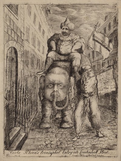 Carlo Khan diadalmas belépője a Leadenhall Streetre: szatíra Charles James Fox Whig-politikusról és Indiával kapcsolatos ambícióiról alkotó: James Sayers