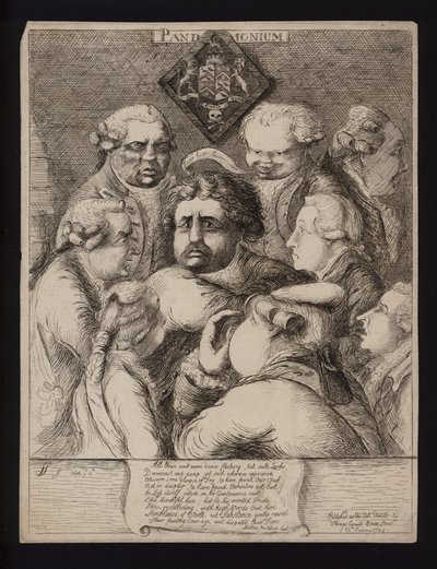 Pandemonium: szatíra a Nagy-Britanniában uralkodó politikai instabilitásról a Fox-North koalíció bukása és az ifjabb William Pitt kormányával való felváltása után, 1784 alkotó: James Sayers