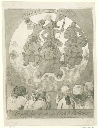 Spotprent op de Franse invasie, 1795 Francia invázió a holland fenékre. Ombres Chinoises / Terror the Order of the Day (cím a tárgyon) alkotó: James Sayers