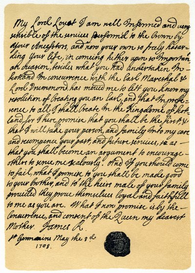 James Edward Stuart levele Simon Frasernek, Lord Lovatnak, St Germains-ben, 1703. május 3. alkotó: James Stuart