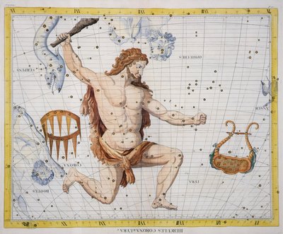 Herkules csillagkép Koronával és Lyrával, 21. lemez az „Atlas Coelestis”-ből, John Flamsteed (1646-1710), 1729-ben megjelent (kézzel színezett metszet) alkotó: James Thornhill