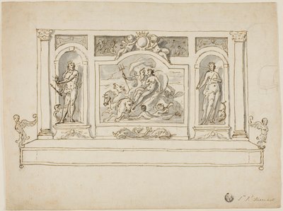 Neptunusz és Amphitrité, Jupiter és Juno mellett: festett csarnok vagy kerti pad tervezése alkotó: James Thornhill