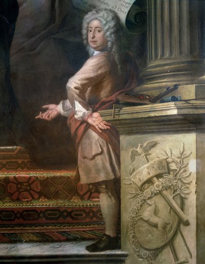 Hátsó falfestmény az I. Györgyöt 1660-1727 dicsőítő Felsőteremről és a Hannoveri Házról, a művész részlete, 1718-24 lásd: 208091 alkotó: James Thornhill