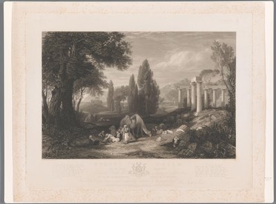Táj dromedárokkal, romokkal és alvó férfiakkal Byron álma (cím a tárgyon) alkotó: James Tibbits Willmore