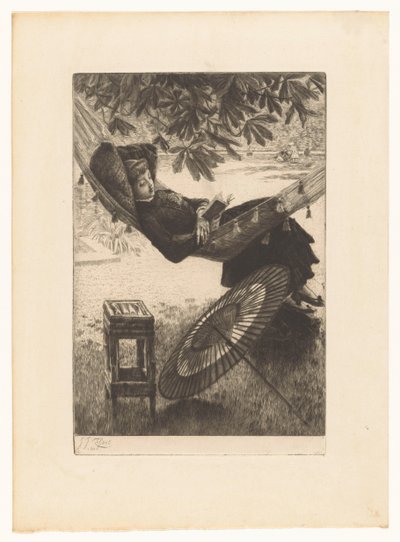 Fiatal nő egy függőágyban olvas alkotó: James Tissot