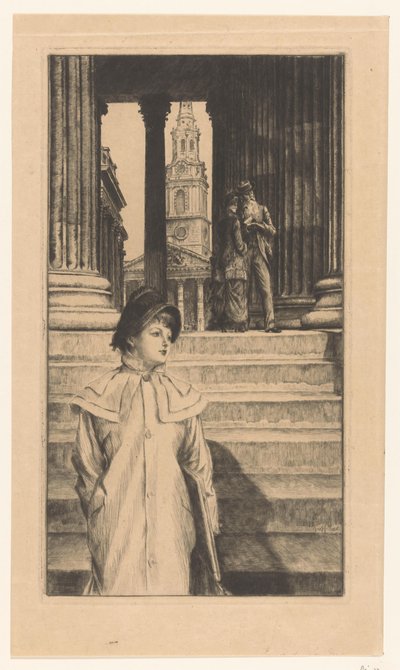 Fiatal nő sétál le a londoni National Gallery lépcsőjén alkotó: James Tissot