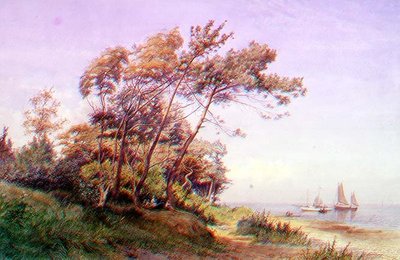 Piknik a parton, Isle of Wight, tengeren kikötött jachttal, amely a Királyi Yacht Squadron zászlóját repíti alkotó: James Waite