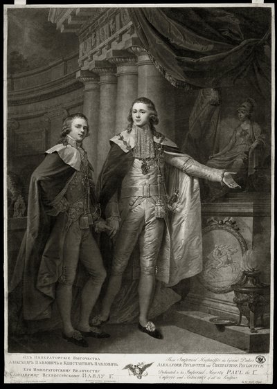 I. Pavlovics Sándor (1777-1825) és Konstantin Pavlovics (1779-1831) oroszországi nagyhercegek portréi. James Walker munkája (1748-1808 körül), metszet 1797. Angol művészet alkotó: James Walker