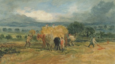 Betakarítási jelenet szénát rakodó munkásokkal egy farmkocsira (olaj a panelen) alkotó: James Ward