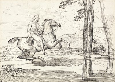 Egy lovas a tájban, valószínűleg egy tanulmány a „Theophilus Levett Rókavadászat a Wychnor Parkban” c. alkotó: James Ward
