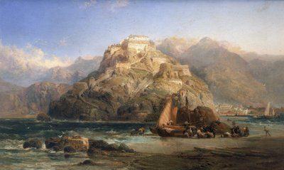 San Sebastián (Spanyolország) látképe, középen az Urgull-hegy és a Santa Cruz de la Mota várának épületei. James Webb (1853 és 1888 között tevékenykedett) olaj, vászon. alkotó: James Webb