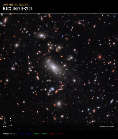 MACS J1423 galaxishalmaz (NIRCam Compass felvétel) alkotó: James Webb Space Telescope (NASA)