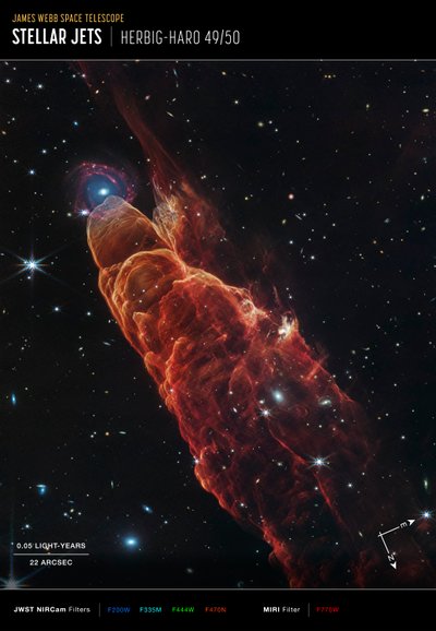 Herbig-Haro 49/50 (NIRCam és MIRI Compass felvétel) alkotó: James Webb Space Telescope (NASA)