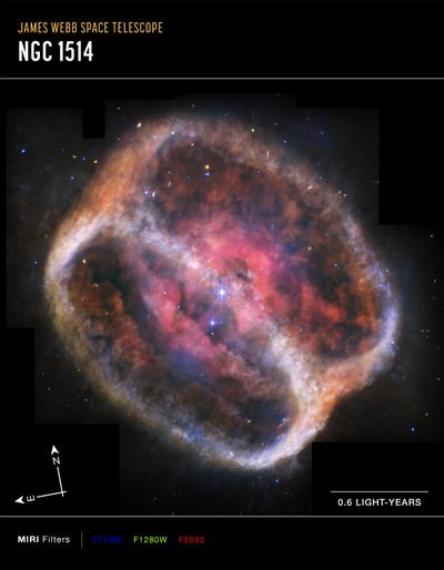 Az NGC 1514 planetáris köd (MIRI Compass felvétel) alkotó: James Webb Space Telescope (NASA)
