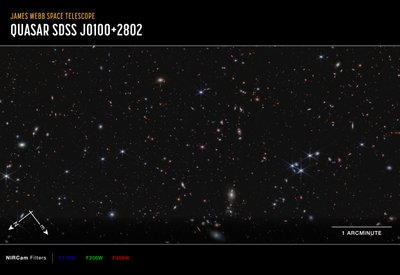 Quasar J0100+2802 (NIRCam iránytű képe) alkotó: James Webb Space Telescope (NASA)