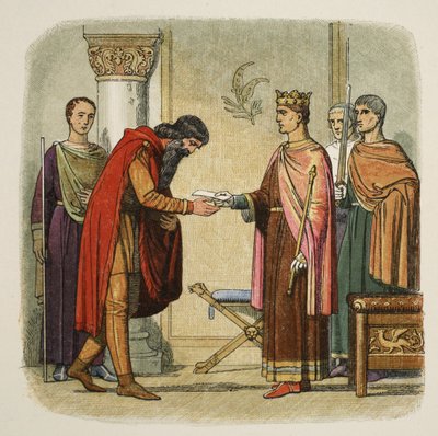 Henrik felhatalmazza Dermodot, hogy hadsereget vezényeljen, 1170, A Chronicle of England BC 55 to AD 1485, pub. London, 1863 alkotó: James William Edmund Doyle