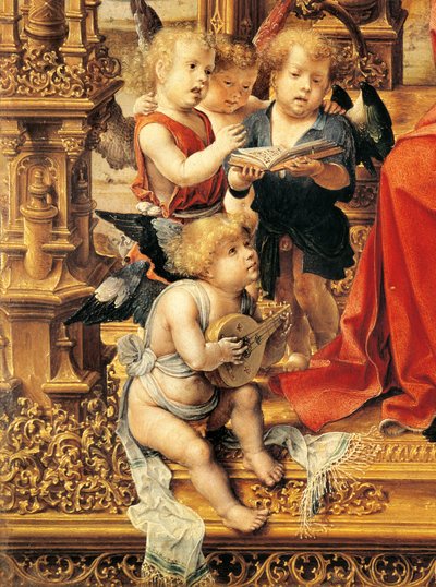 Hangszeren játszó angyalok, részlet a Malvern triptichon központi paneljéről alkotó: Jan (c.1472-c.1533) Gossaert