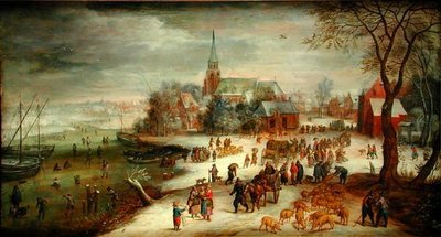 Kilátás Shelle-re és a Scheldt folyóra télen piaccal és korcsolyázókkal alkotó: Jan (follower of) Brueghel