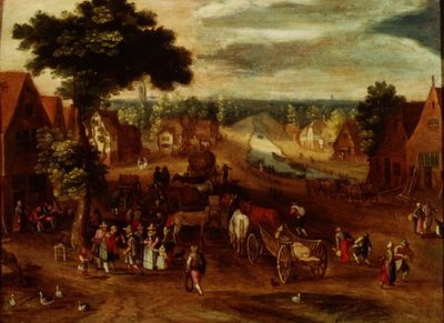 Egy falu utasokkal a fogadón kívül alkotó: Jan (follower of) Brueghel