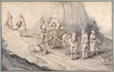 Parasztok gyökérzöldségekkel rakodnak egylovas szekérre (papíron mosott toll és tinta) alkotó: Jan (follower of) Brueghel