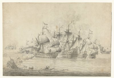 Tengeri csata, valószínűleg Lowestoftnál 1665. június 13-án (jobb oldali levél) alkotó: Jan Abrahamsz. Beerstraten (possibly)