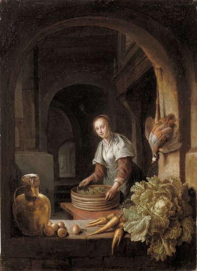 Egy szobalány zöldségeket készít a konyhában alkotó: Jan Adriansz van Staveren