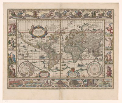 Wereldkaart met dekoratívan randen Az egész világ új földrajzi és vízrajzi térképe alkotó: Jan Aertse van den Ende