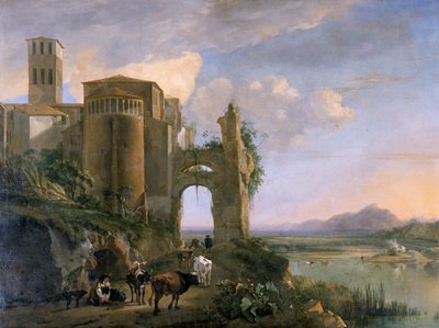 „Folyó táj az SS Giovanni e Paolo templommal, Róma”, 1630-1652 alkotó: Jan Asselijin