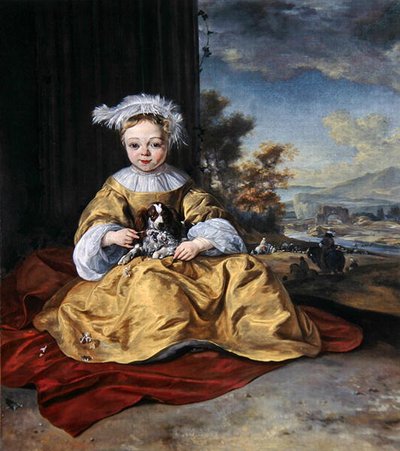 Egy gyerek sárga ruhában kutyát tartva (olaj, vászon) alkotó: Jan Baptist Weenix