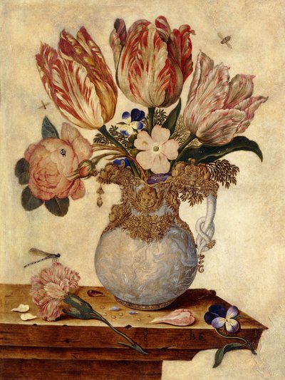 Tulipánok, nefelejcsek, bazsarózsa és más virágok vázában a párkányon, alkotó: Jan Baptist van Fornenburgh