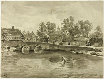 Férfi halászat a falu közelében folyóban alkotó: Jan Baptiste de Jonghe