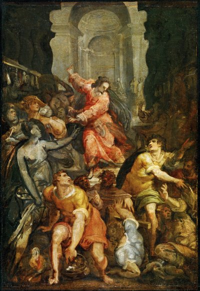 Jézus kiűzi a kereskedőket a templomból (festmény nyárfára) alkotó: Jan Both