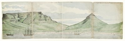 Asztalhegy és Fokváros a tenger felől nézve A Jóreménység foka, ahogyan megjelent Ao. 1787 (cím a tárgyon) alkotó: Jan Brandes