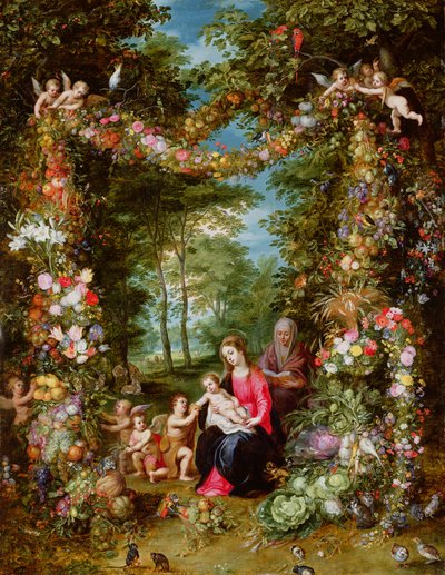 A Szűz és a Gyermek a csecsemő Keresztelő Szent Jánossal, Szent Annával és angyalokkal, virág- és gyümölcsfüzérrel körülvéve alkotó: Jan Brueghel the Elder