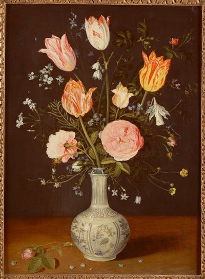 Tulipánok, rózsák, nefelejcsek és egyéb virágok késői Ming kék-fehér vázában alkotó: Jan Brueghel the Elder