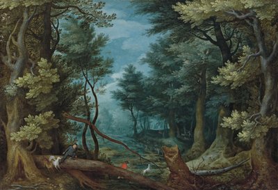 Egy erdei tájkép vadászokkal, akik egy szarvasbikát üldöznek alkotó: Jan Brueghel the Elder